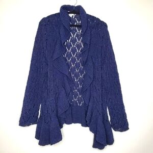 Plus Size 2X Long Sleeve Ruffle Trim Open Front Cardigan Navy Sweater Romantic